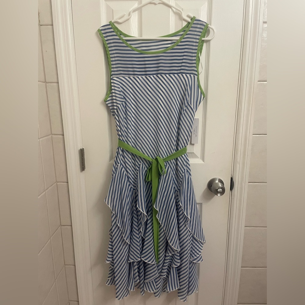 NWT Signature By Robbie Bee Blue/White/Green Striped Sleeveless Dress Size 12